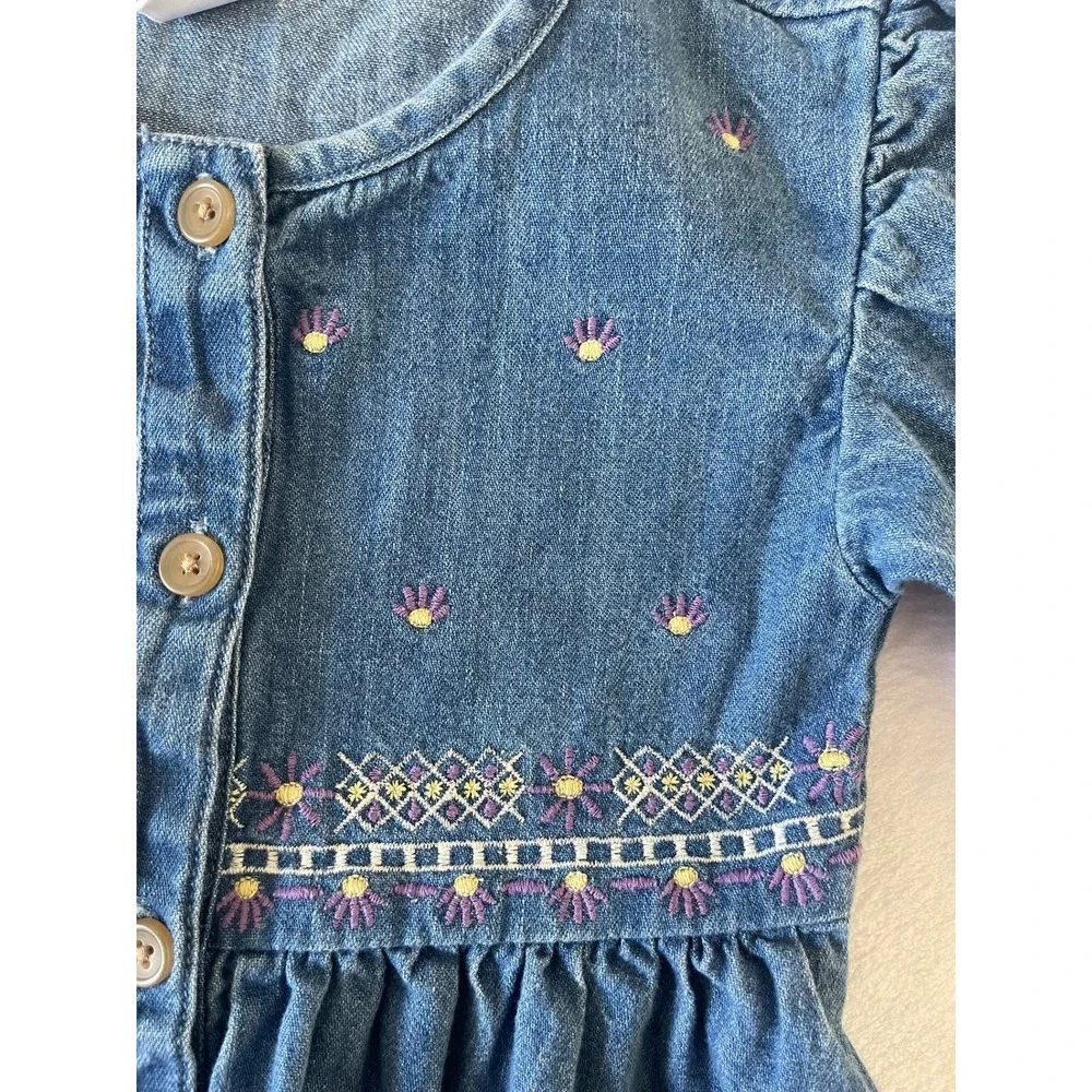 Old Navy Girls 4T Medium Wash Denim Embroidered Floral Button Front Dress
